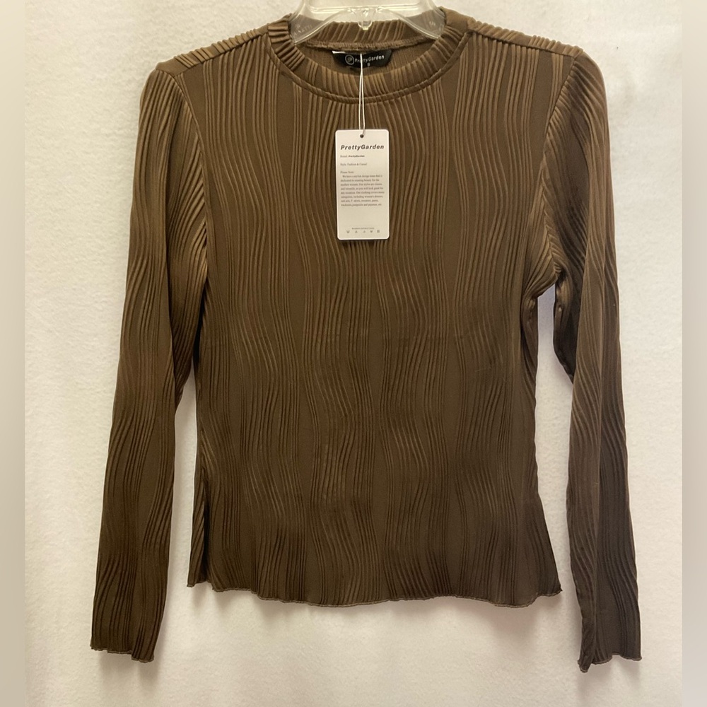 Textured Brown Long-Sleeve Crew Neck Top